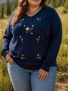 Vintage Northern Reflections Floral Embroidered Cable Knit Sweater Blue